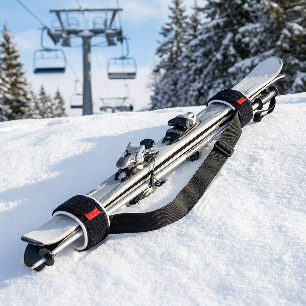 Skis and poles held together by the carrier strap in the snow