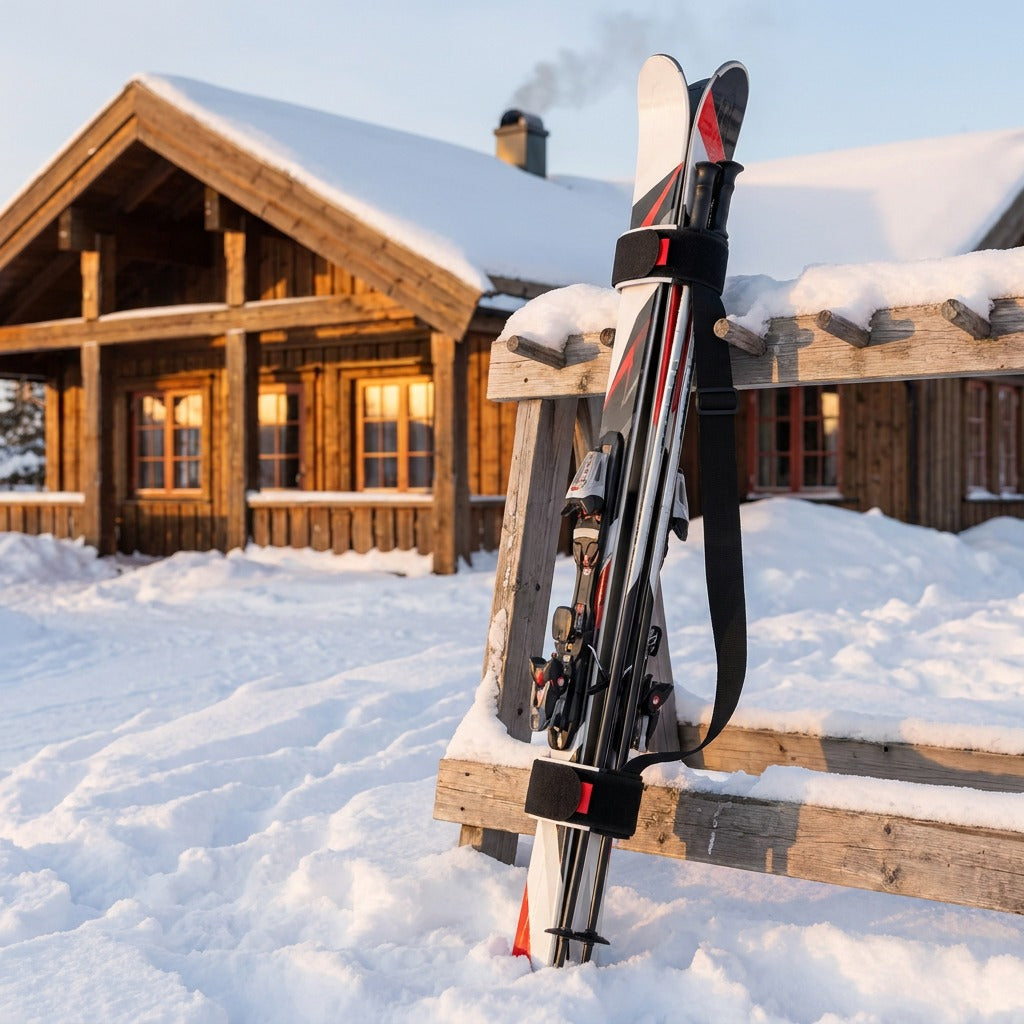 Skis in the carrier strap next to a ski rack