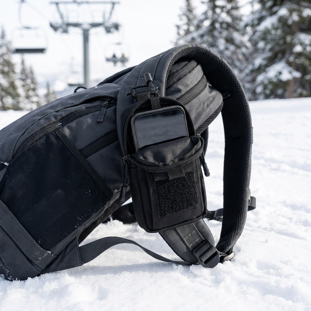 Lift pouch on a backpack shoulder strap in the snow