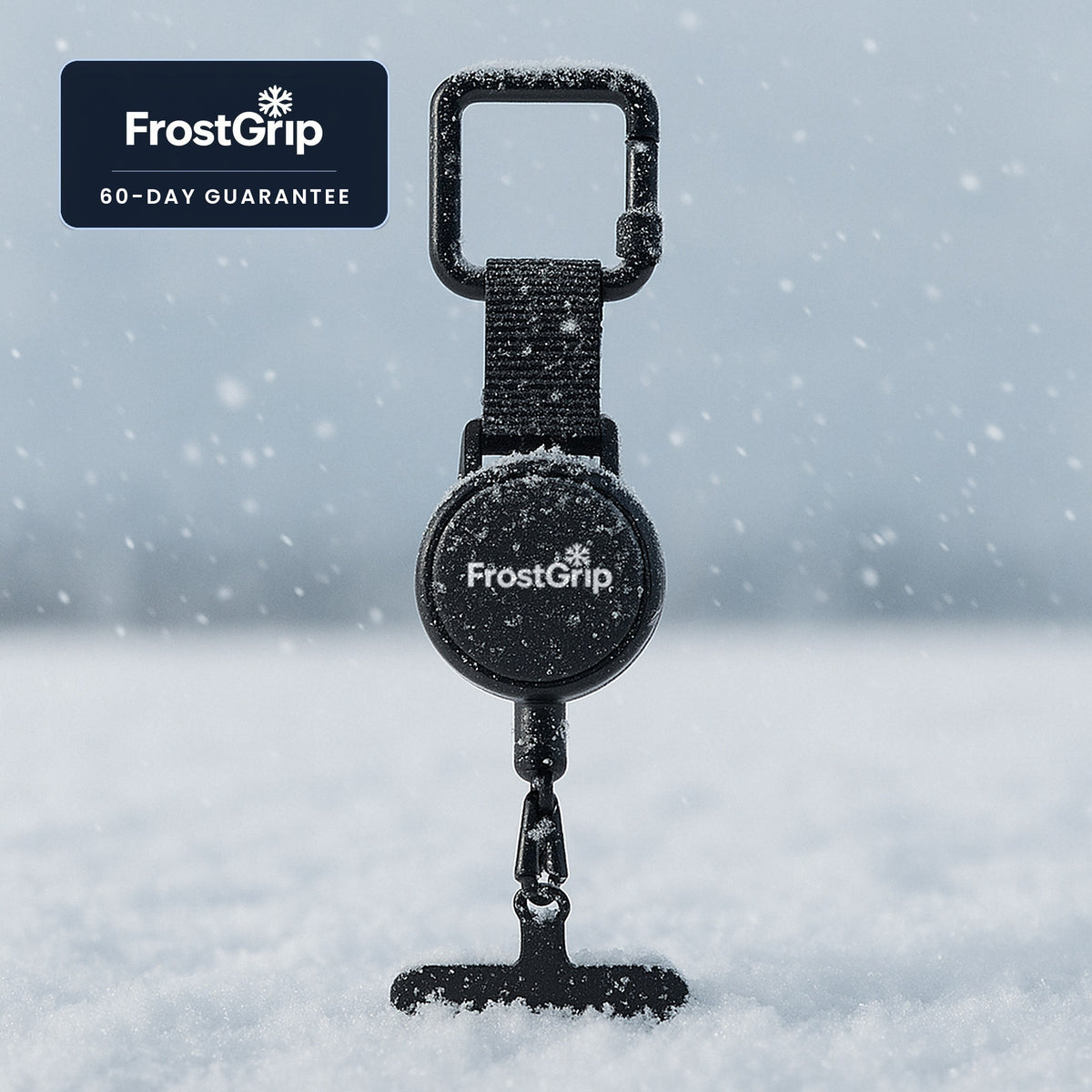 FrostGrip anti-drop phone tether in the snow – 60-day guarantee