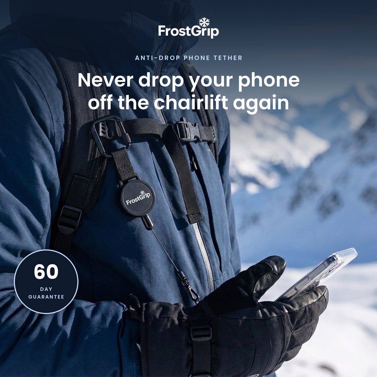 FrostGrip phone tether on a ski jacket