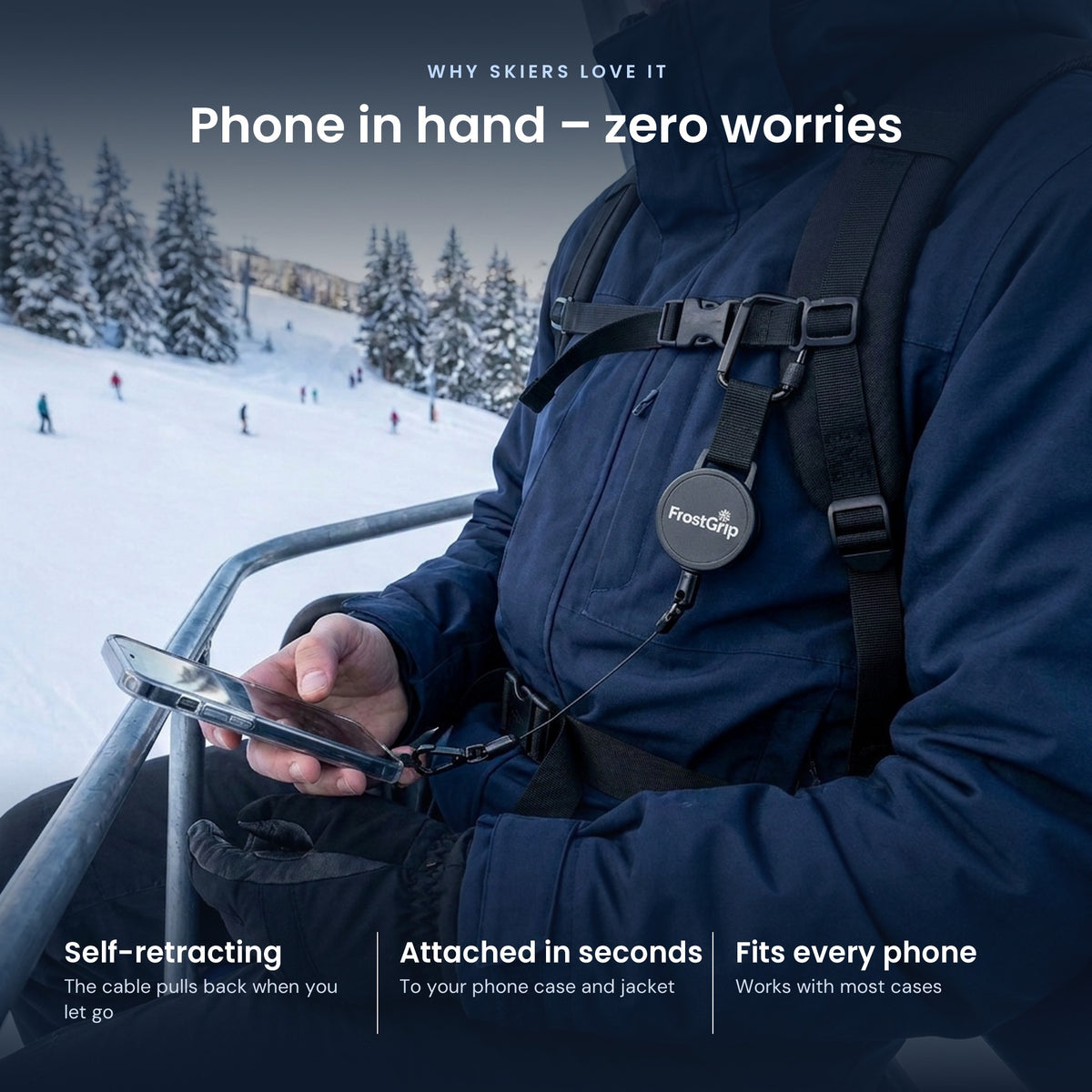 Phone in hand on the chairlift with FrostGrip