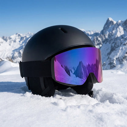 Ski goggles on a helmet in the snow