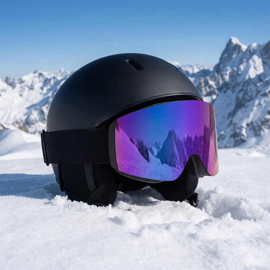 The ski goggles on a helmet in the snow