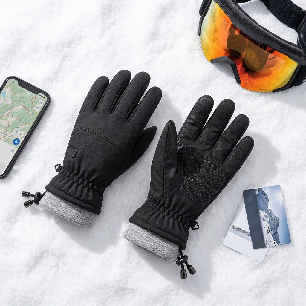 Gloves, phone and ski goggles in the snow
